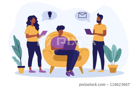 Illustration of three people using laptops, sharing ideas and messages, with potted plants in the background. Concept of teamwork, collaboration, and communication. Vector illustration 118623607
