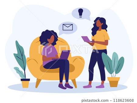 Two women engaging in a discussion while using laptops, one seated and one standing, with speech bubbles showing an email and a light bulb. Indoor setting with plants. Concept of collaboration 118623608
