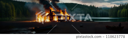 A fire in the forest, where an old wooden house on the shore of a lake or pond is also burning. Copy space for advertising text 118623778