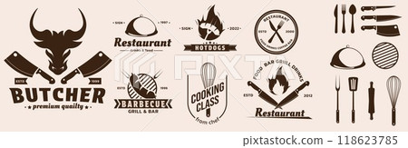 Grill logo. BBQ icon. Kitchen label. Butcher knife and fork. Restaurant food. Chef cooking steak. Silhouette hotdog. Culinary course. Kitchenware element. Meat bar emblems vector set 118623785