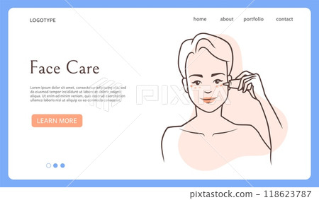 Face care landing page. Cosmetic moisturizing cream. Beauty routine. Website design template. Woman applying moisturizer. Facial skincare procedure. Outline girl head. Vector background Face care landing page. Cosmetic moisturizing cream. Beauty routine. Website design template. Woman applying moisturizer. Facial skincare procedure. Outline girl head. Vector background 118623787