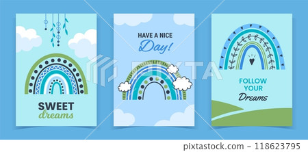 Cute Boho rainbow. Dream clouds. Day sky. Scenic cloudscape. Motivational card. Nature landscape. Bohemian doodle arch. Scandinavian cumulus. Birthday postcard design. Vector posters set Cute Boho rainbow. Dream clouds. Day sky. Scenic cloudscape. Motivational card. Nature landscape. Bohemian doodle arch. Scandinavian cumulus. Birthday postcard design. Vector posters set 118623795
