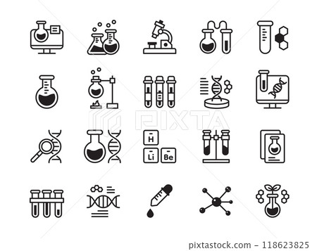 Chemistry icons. Chemical lab. Science research. Laboratory test tube. Scientific equipment like beaker and glass flask. microscope. Genome chromosomes diagnostic. Vector pictograms set 118623825