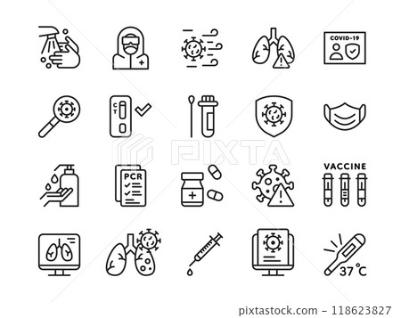 Corona virus icons. Coronavirus health care. Medical mask. Wash hands with sanitizer. Disease temperature symptoms. Vaccine syringe. Medicine pills. Lungs diagnostic. Vector symbols set 118623827