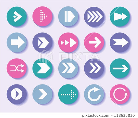 Arrow signs. Next up. Back or right icon for website UI. Cursor button. Left pointer. Previous spot. Webpage signpost. Circle navigation pin. Direction symbol. Vector round pictograms set 118623830