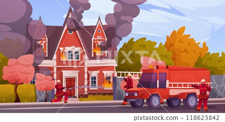 Fire department. Fireman extinguishing flame. Burning house. Rescue from ignition. Fighters spray water. Firetruck at street. Extinguishers team. Blazing home with smoke. Vector concept 118623842