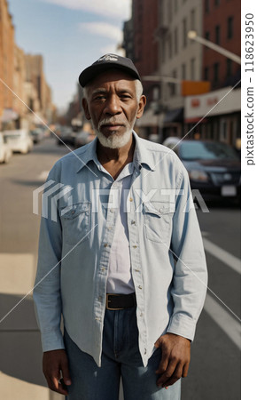 Portrait of a poor or homeless but well-groomed black old man or grandfather with a gray beard and hair wearing a hat or cap and shirt on the streets of a big city Portrait of a poor or homeless but well-groomed black old man or grandfather with a gray beard and hair wearing a hat or cap and shirt on the streets of a big city 118623950