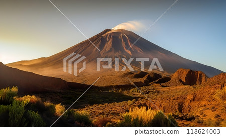 The beautiful sun is slowly setting over a peaceful mountain valley, Teide volcano in Tenerife sunset snow 118624003