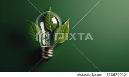 A light bulb with green leaves on a green background 118624010