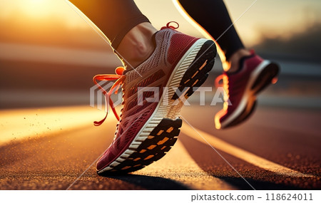 A person is wearing a stylish pair of black and white running shoes A person is wearing a stylish pair of black and white running shoes 118624011