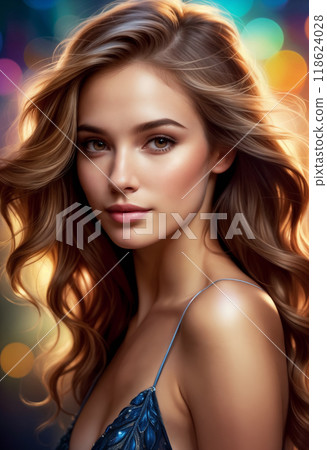Close-up portrait of face with make-up of young woman or girl with long wavy brown hair in light summer dress with contrast sunlight on blurred abstract background 118624028