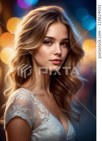 Close-up portrait of face with make-up of young woman or girl with long wavy brown hair in light summer dress with contrast sunlight on blurred abstract background Close-up portrait of face with make-up of young woman or girl with long wavy brown hair in light summer dress with contrast sunlight on blurred abstract background 118624032