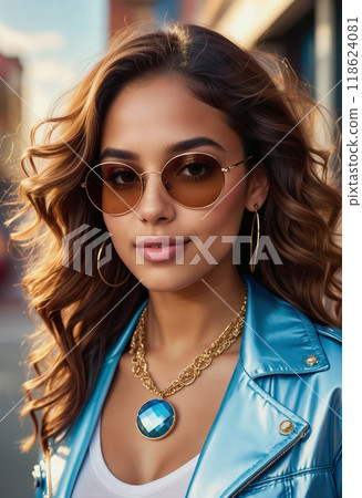 A young woman or girl with brown wavy hair wearing reflective aviator sunglasses and a blue jacket with a plunging neckline on a sunny day 118624081