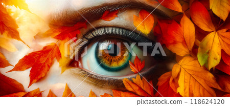 Beautiful female blue eye with autumn yellowed red-orange leaves. Close-up, collage or double exposure. The concept of the arrival of autumn 118624120