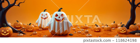 Halloween themed card with orange pumpkin with cut out face, cute ghost and bats 118624198