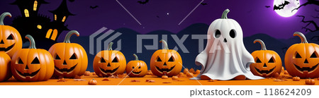 Halloween themed card with orange pumpkin with cut out face, cute ghost and bats 118624209