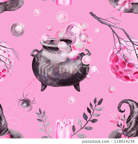 Seamless pattern for Halloween. Hand-drawn with watercolor. Drawn attributes of the witch's sabbath: hat, cauldron with potion, spider on web, full moon, candle. Background for wrapping paper, fabric 118624236