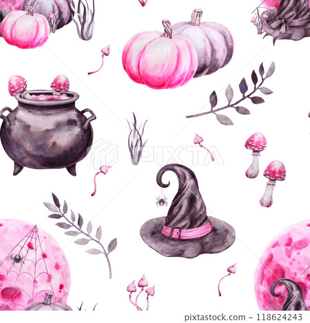 Seamless pattern for Halloween. Hand-drawn with watercolor. Drawn attributes of a magical sabbath: witch hat, pumpkins, poisonous mushrooms, cauldron with potion, spider on web, full moon. Background 118624243