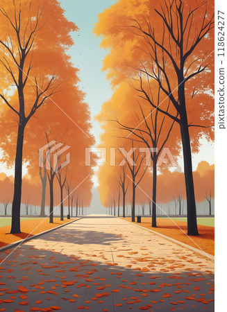 Alley with benches in autumn empty park in city with orange-yellow leaves on trees and ground. Copy space 118624277