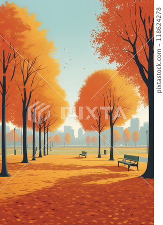 Alley with benches in autumn empty park in city with orange-yellow leaves on trees and ground. Copy space 118624278