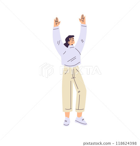 Young Woman Character Standing with Raised Hands Up Cheering Vector Illustration Young Woman Character Standing with Raised Hands Up Cheering Vector Illustration 118624398