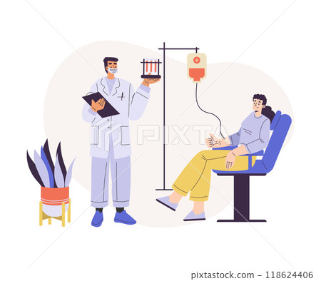 Blood Donation with Woman Donor Character Donating Blood Vector Illustration Blood Donation with Woman Donor Character Donating Blood Vector Illustration 118624406