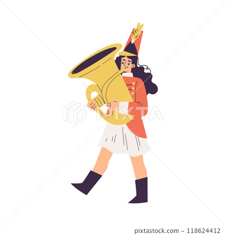 Orchestra with Marching Woman Character in Red Uniform with Trombone Vector Illustration 118624412