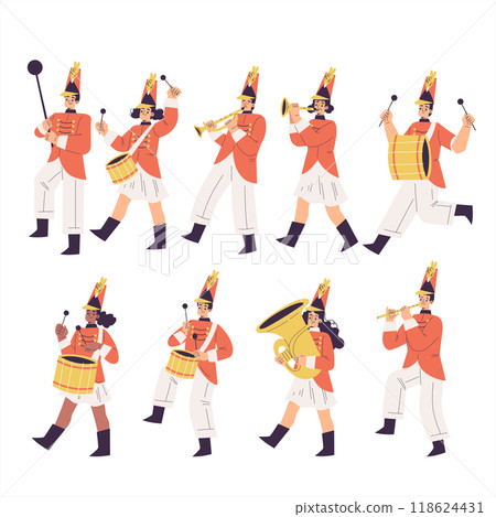 Orchestra with Marching People Character in Red Uniform with Musical Instrument Vector Set 118624431