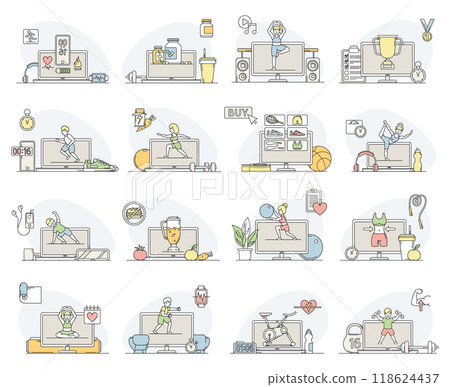 Sport Online Training and Workout Line Big Vector Set 118624437