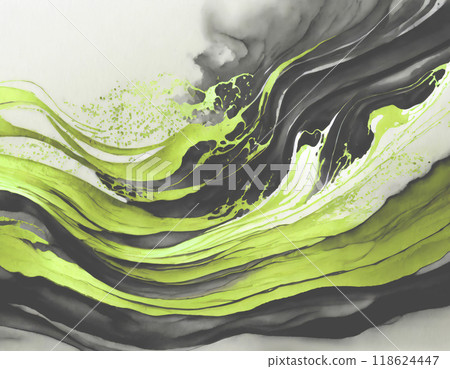 Fluid pattern in lime green and black. AI generated image. 118624447