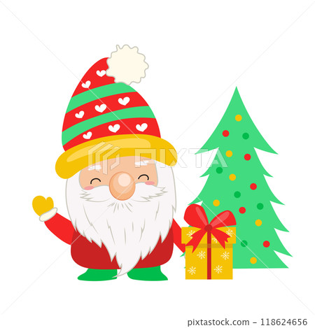 Christmas cute gnome in flat design. Dwarf with gift by festive tree. Vector illustration isolated. 118624656