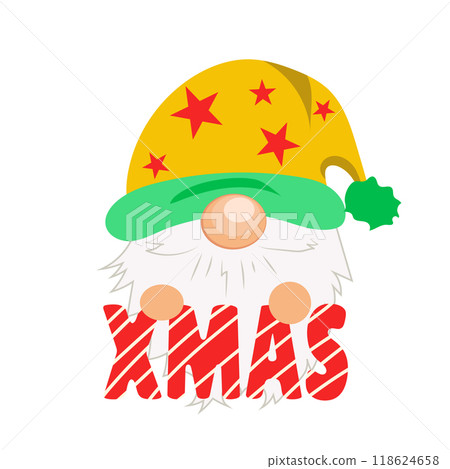 Christmas cute gnome in flat design. Fanny dwarf with nose in hat with Xmas. Vector illustration isolated. 118624658