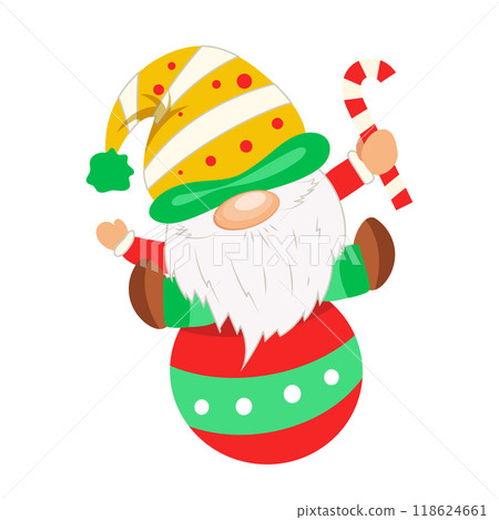 Christmas cute gnome in flat design. Dwarf in big hat on ball holds candy. Vector illustration isolated. 118624661