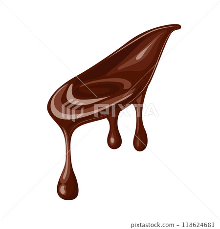 Chocolate melting in flat design. Dark cocoa liquid with droplets falling. Vector illustration isolated. Chocolate melting in flat design. Dark cocoa liquid with droplets falling. Vector illustration isolated. 118624681