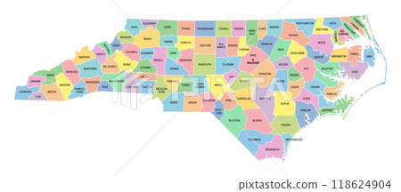 North Carolina, U.S. state, subdivided into 100 counties, multi colored political map with capital Raleigh, borders and county names. State in the Southeastern region of United States. Tar Heel State. 118624904