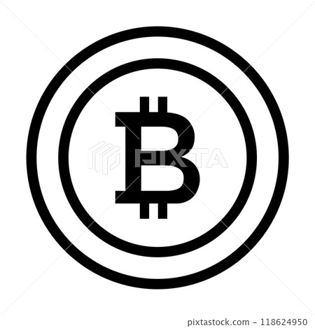 Black outlined Bitcoin symbol encased in two circles denotes digital currency, blockchain technology, decentralized finance, cryptocurrency trading, and financial innovation. Ideal for financial techn 118624950