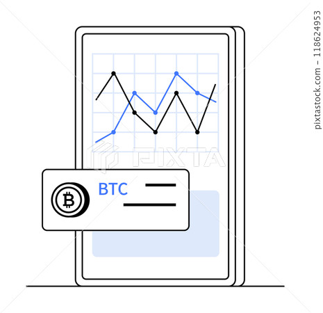 Mobile phone screen showing Bitcoin BTC market graph with trends. Ideal for cryptocurrency trading, market analysis, financial tech, mobile applications, real-time data monitoring. Simple, clean Mobile phone screen showing Bitcoin BTC market graph with trends. Ideal for cryptocurrency trading, market analysis, financial tech, mobile applications, real-time data monitoring. Simple, clean 118624953