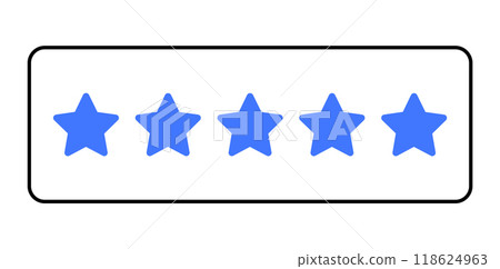 White rectangular card with five blue stars in a horizontal row. Ideal for quality ratings, user reviews, customer feedback, excellent service, and product evaluations. Flat simple style 118624963