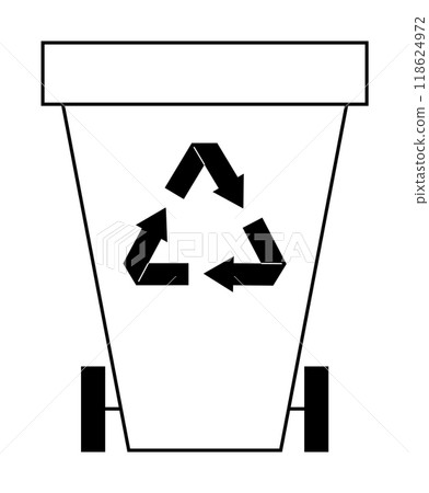 A black and white image of a recycling bin with wheels, featuring three recycling arrows forming a triangle. Ideal for environmental awareness, waste management, recycling programs, sustainability, ec 118624972