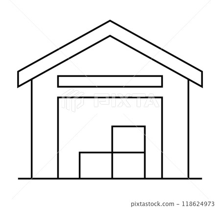 Simple line drawing of a warehouse with three stacked boxes inside. Ideal for logistics, storage, shipping, inventory management, and commercial real estate. Minimalist and clean style 118624973