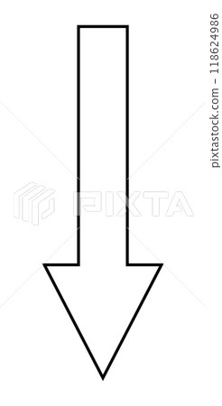 Large black arrow pointing downward. Ideal for direction, navigation, guidance, user interface, presentations. Perfect to indicate a downward movement or direction. Minimalist vector graphic style Large black arrow pointing downward. Ideal for direction, navigation, guidance, user interface, presentations. Perfect to indicate a downward movement or direction. Minimalist vector graphic style 118624986