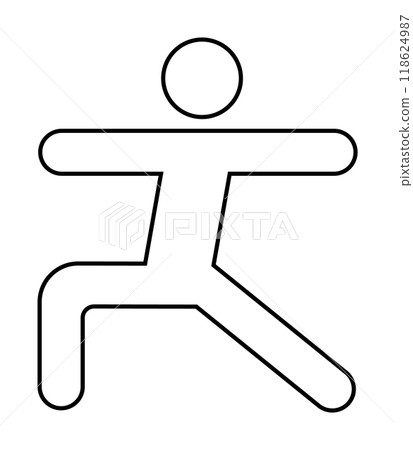 A simple black outline of a person performing a yoga warrior pose. Ideal for yoga, fitness, wellness, health, and mindfulness themes. Clean lines and minimalist style. 118624987