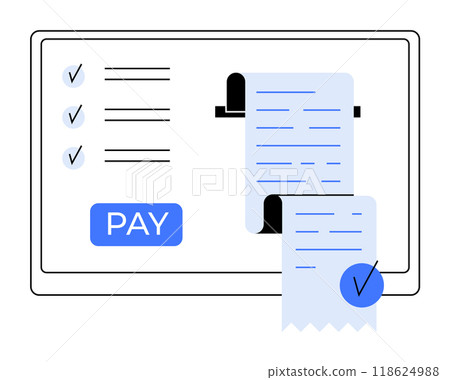 Screen displaying checklist and receipts with PAY button. Ideal for online payments, digital transactions, e-commerce, financial services, and billing. Minimalist, clean, modern. Screen displaying checklist and receipts with PAY button. Ideal for online payments, digital transactions, e-commerce, financial services, and billing. Minimalist, clean, modern. 118624988
