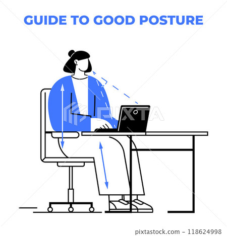 Person seated at desk with laptop, demonstrating correct sitting posture and aligning body ergonomically. Ideal for office health tips, workplace ergonomics, posture correction, home office setup 118624998