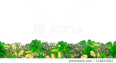 Seamless border with green fir branches, lucky shamrock leaves, gold coins. Watercolor illustration for New Year, St. Patrick's Day. Template for invitation, scrapbook, card, sticker, ribbons 118625001