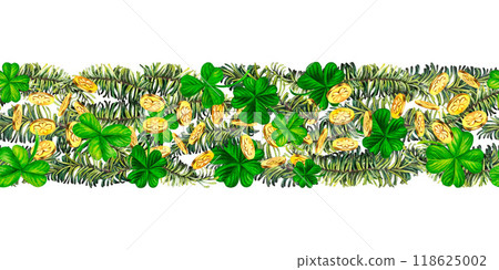 Seamless border with green fir branches, lucky shamrock leaves, gold coins. Watercolor illustration for New Year, St. Patrick's Day. Template for invitation, scrapbook, card, sticker, ribbons 118625002