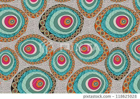 African Wax Print fabric, Ethnic handmade ornament for your design, Afro Ethnic flowers and tribal motifs geometric circle elements. Vector texture, Africa Ankara textile fashion style background African Wax Print fabric, Ethnic handmade ornament for your design, Afro Ethnic flowers and tribal motifs geometric circle elements. Vector texture, Africa Ankara textile fashion style background 118625028