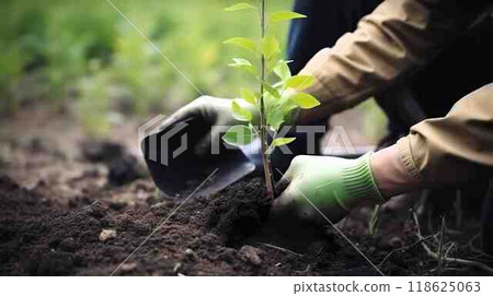 A person is carefully planting a small tree into the rich dirt 118625063