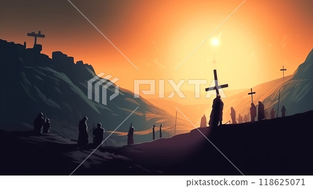 A group of people is gathered standing around a cross at sunset time 118625071