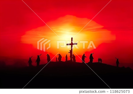 A group of people is gathered standing around a cross at sunset time 118625073